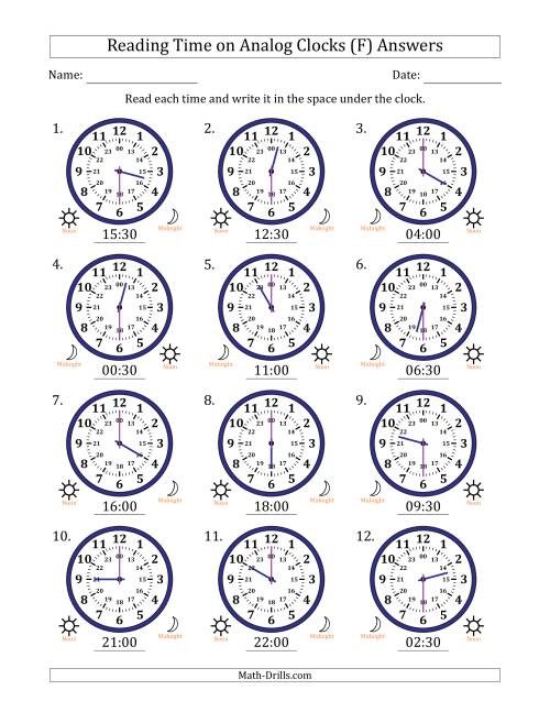 The Reading 24 Hour Time on Analog Clocks in 30 Minute Intervals (12 Clocks) (F) Math Worksheet Page 2