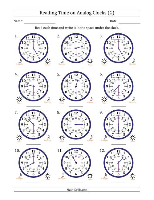 The Reading 24 Hour Time on Analog Clocks in 30 Minute Intervals (12 Clocks) (G) Math Worksheet