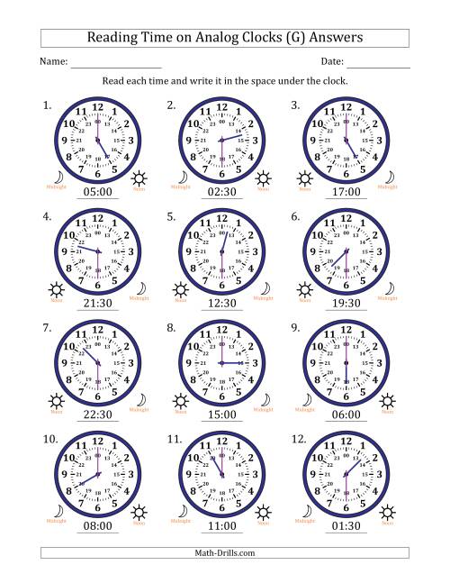 The Reading 24 Hour Time on Analog Clocks in 30 Minute Intervals (12 Clocks) (G) Math Worksheet Page 2