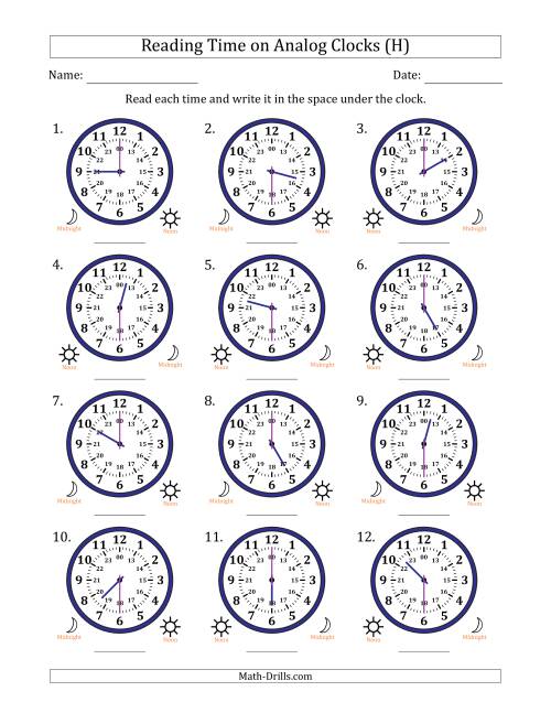 The Reading 24 Hour Time on Analog Clocks in 30 Minute Intervals (12 Clocks) (H) Math Worksheet