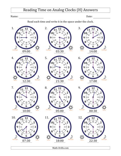 The Reading 24 Hour Time on Analog Clocks in 30 Minute Intervals (12 Clocks) (H) Math Worksheet Page 2