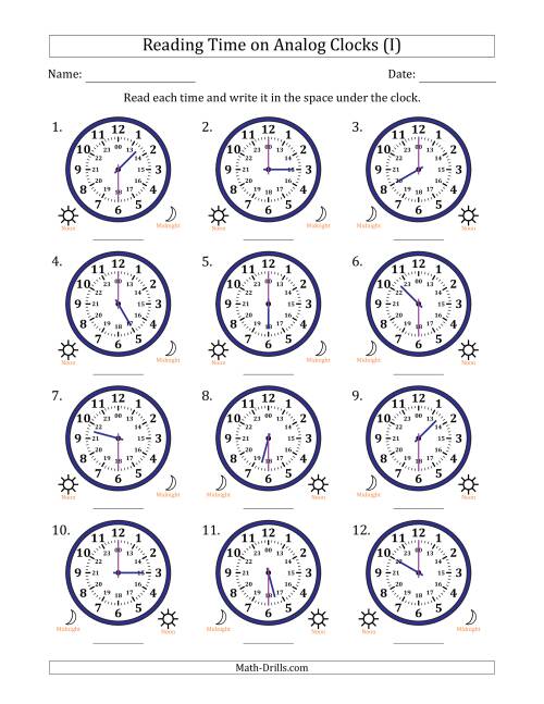 The Reading 24 Hour Time on Analog Clocks in 30 Minute Intervals (12 Clocks) (I) Math Worksheet