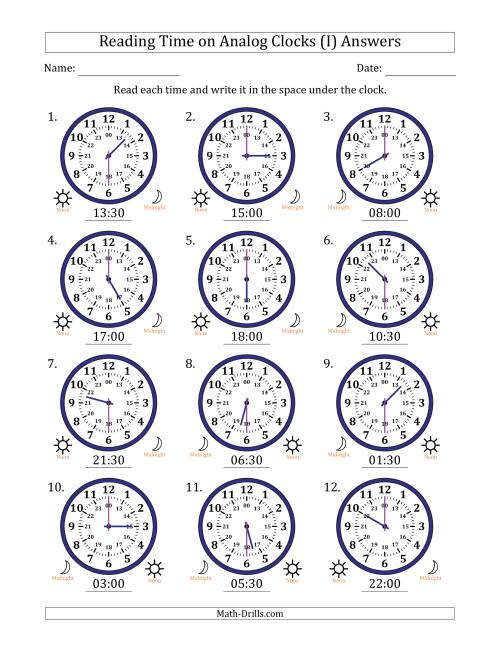 The Reading 24 Hour Time on Analog Clocks in 30 Minute Intervals (12 Clocks) (I) Math Worksheet Page 2