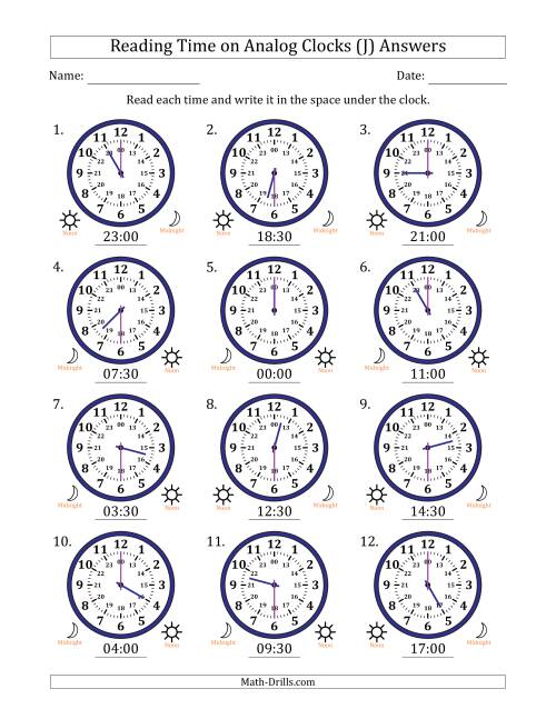 The Reading 24 Hour Time on Analog Clocks in 30 Minute Intervals (12 Clocks) (J) Math Worksheet Page 2