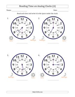Reading 24 Hour Time on Analog Clocks in 30 Minute Intervals (4 Large Clocks)