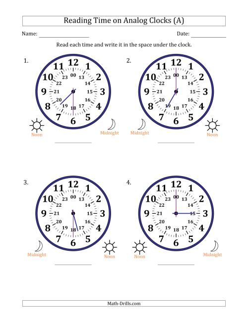 The Reading 24 Hour Time on Analog Clocks in 30 Minute Intervals (4 Large Clocks) (A) Math Worksheet