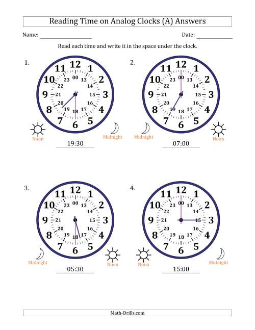 The Reading 24 Hour Time on Analog Clocks in 30 Minute Intervals (4 Large Clocks) (A) Math Worksheet Page 2
