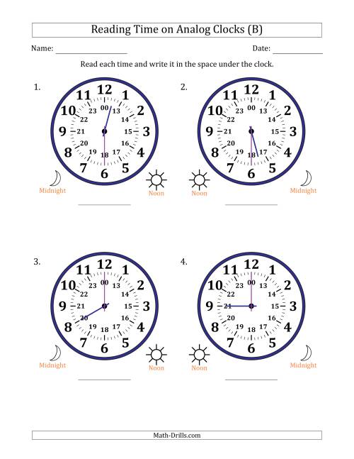 The Reading 24 Hour Time on Analog Clocks in 30 Minute Intervals (4 Large Clocks) (B) Math Worksheet