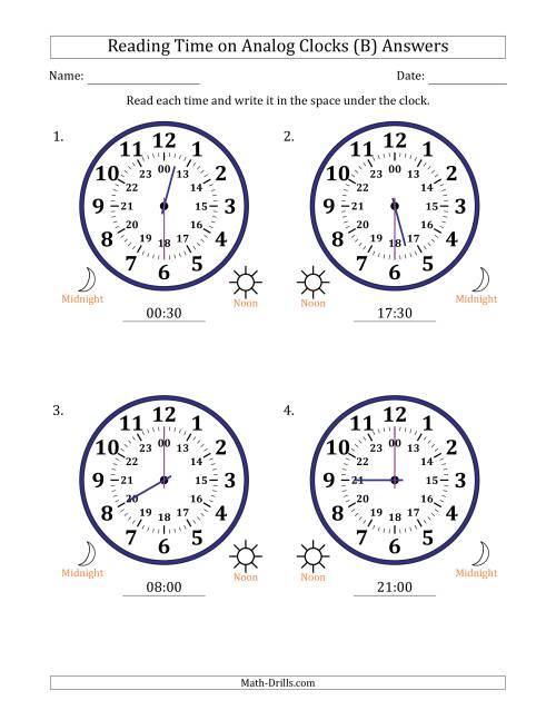 The Reading 24 Hour Time on Analog Clocks in 30 Minute Intervals (4 Large Clocks) (B) Math Worksheet Page 2