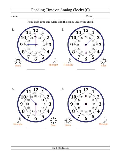 The Reading 24 Hour Time on Analog Clocks in 30 Minute Intervals (4 Large Clocks) (C) Math Worksheet
