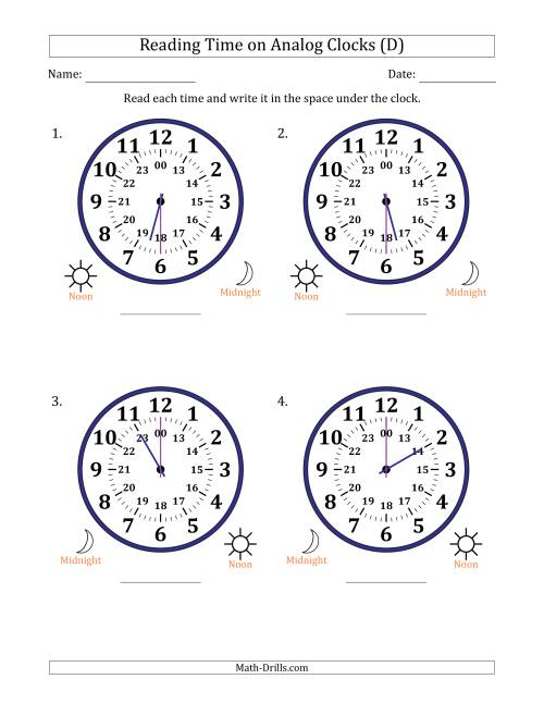 The Reading 24 Hour Time on Analog Clocks in 30 Minute Intervals (4 Large Clocks) (D) Math Worksheet