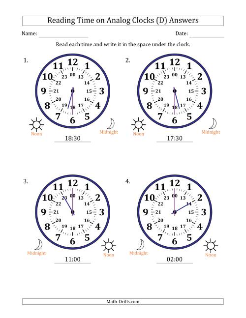 The Reading 24 Hour Time on Analog Clocks in 30 Minute Intervals (4 Large Clocks) (D) Math Worksheet Page 2