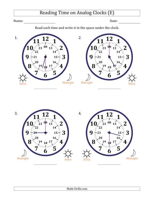 The Reading 24 Hour Time on Analog Clocks in 30 Minute Intervals (4 Large Clocks) (E) Math Worksheet