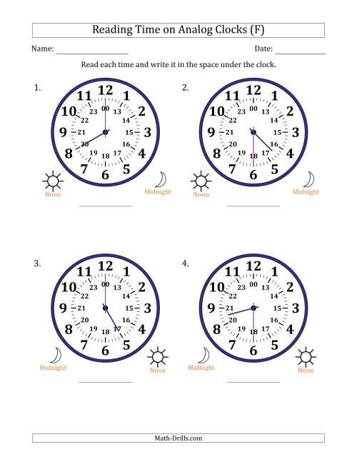 The Reading 24 Hour Time on Analog Clocks in 30 Minute Intervals (4 Large Clocks) (F) Math Worksheet