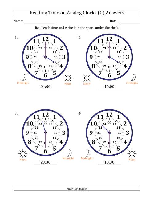 The Reading 24 Hour Time on Analog Clocks in 30 Minute Intervals (4 Large Clocks) (G) Math Worksheet Page 2
