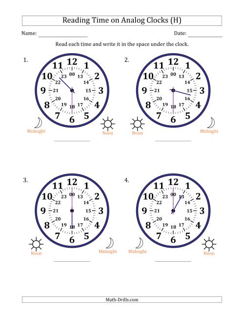 The Reading 24 Hour Time on Analog Clocks in 30 Minute Intervals (4 Large Clocks) (H) Math Worksheet