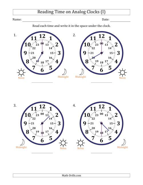 The Reading 24 Hour Time on Analog Clocks in 30 Minute Intervals (4 Large Clocks) (I) Math Worksheet