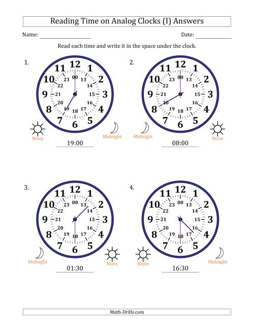 The Reading 24 Hour Time on Analog Clocks in 30 Minute Intervals (4 Large Clocks) (I) Math Worksheet Page 2