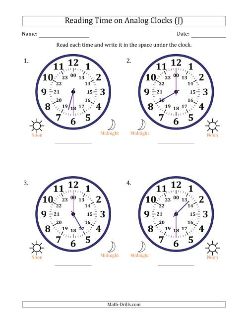 The Reading 24 Hour Time on Analog Clocks in 30 Minute Intervals (4 Large Clocks) (J) Math Worksheet
