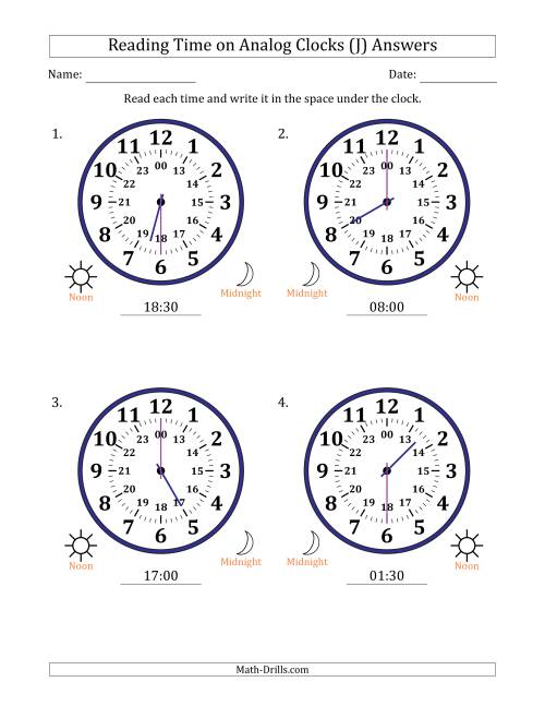 The Reading 24 Hour Time on Analog Clocks in 30 Minute Intervals (4 Large Clocks) (J) Math Worksheet Page 2