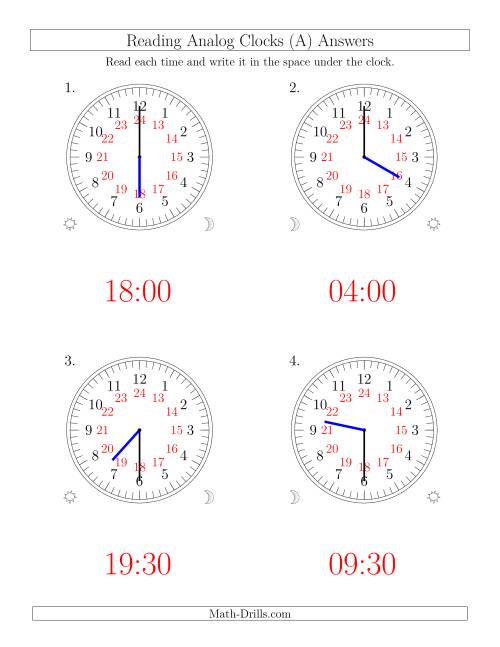 The Reading Time on 24 Hour Analog Clocks in Half Hour Intervals (Large Clocks) (Old) Math Worksheet Page 2