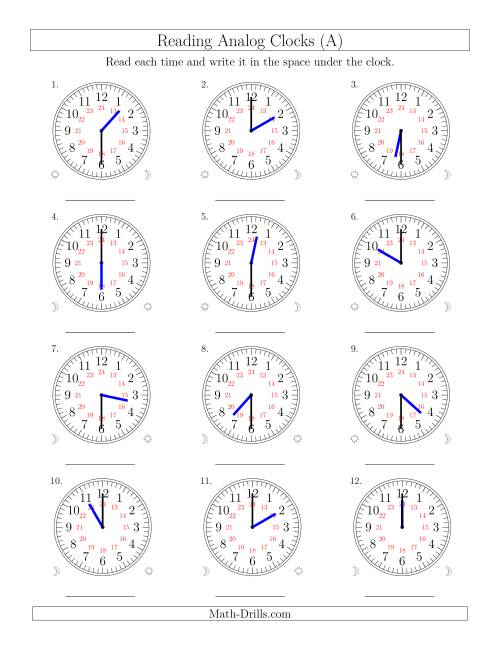 The Reading Time on 24 Hour Analog Clocks in Half Hour Intervals (Old) Math Worksheet