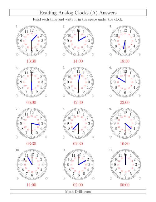 The Reading Time on 24 Hour Analog Clocks in Half Hour Intervals (Old) Math Worksheet Page 2