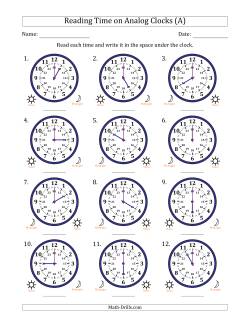 Reading 24 Hour Time on Analog Clocks in One Hour Intervals (12 Clocks)