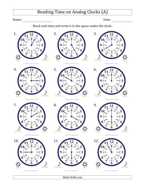 The Reading 24 Hour Time on Analog Clocks in One Hour Intervals (12 Clocks) (A) Math Worksheet