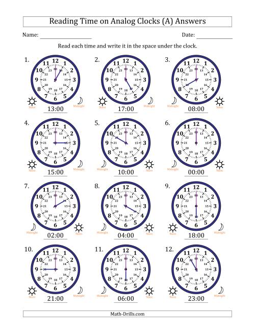 The Reading 24 Hour Time on Analog Clocks in One Hour Intervals (12 Clocks) (A) Math Worksheet Page 2