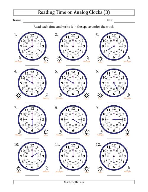 The Reading 24 Hour Time on Analog Clocks in One Hour Intervals (12 Clocks) (B) Math Worksheet