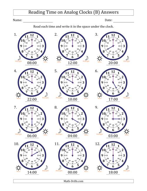 The Reading 24 Hour Time on Analog Clocks in One Hour Intervals (12 Clocks) (B) Math Worksheet Page 2