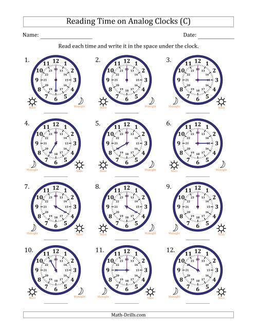 The Reading 24 Hour Time on Analog Clocks in One Hour Intervals (12 Clocks) (C) Math Worksheet