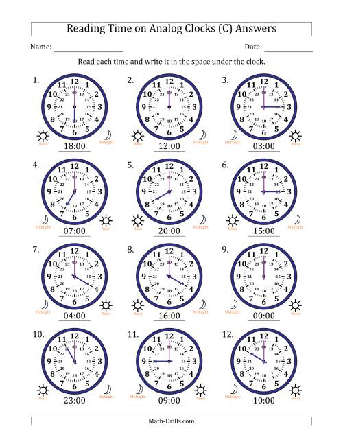 The Reading 24 Hour Time on Analog Clocks in One Hour Intervals (12 Clocks) (C) Math Worksheet Page 2