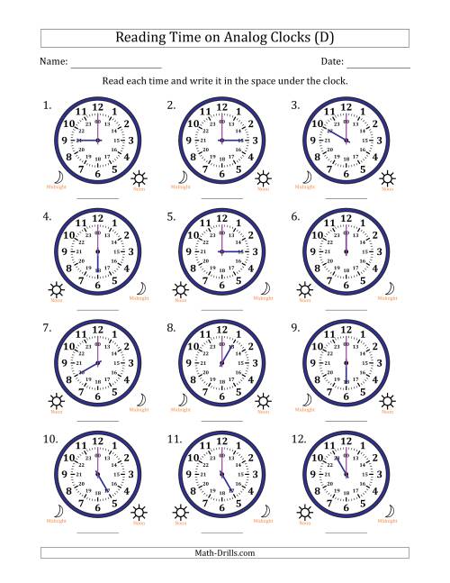 The Reading 24 Hour Time on Analog Clocks in One Hour Intervals (12 Clocks) (D) Math Worksheet
