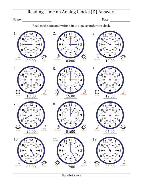 The Reading 24 Hour Time on Analog Clocks in One Hour Intervals (12 Clocks) (D) Math Worksheet Page 2
