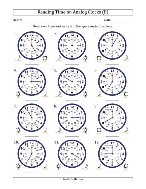 The Reading 24 Hour Time on Analog Clocks in One Hour Intervals (12 Clocks) (E) Math Worksheet