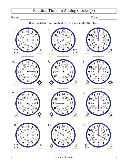 The Reading 24 Hour Time on Analog Clocks in One Hour Intervals (12 Clocks) (F) Math Worksheet