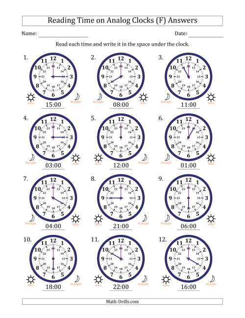 The Reading 24 Hour Time on Analog Clocks in One Hour Intervals (12 Clocks) (F) Math Worksheet Page 2