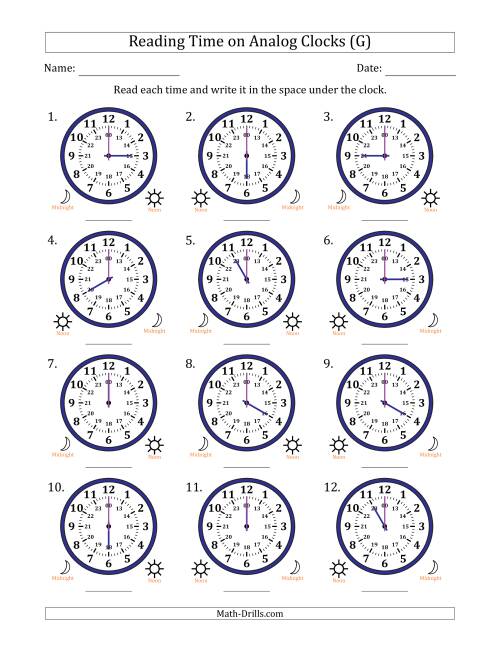 The Reading 24 Hour Time on Analog Clocks in One Hour Intervals (12 Clocks) (G) Math Worksheet