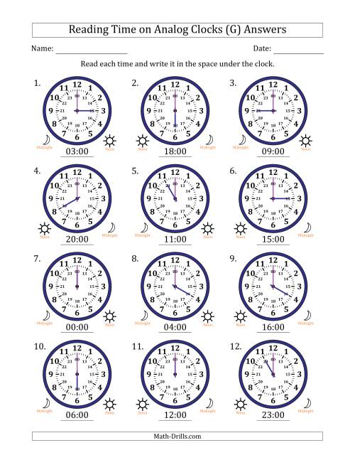 The Reading 24 Hour Time on Analog Clocks in One Hour Intervals (12 Clocks) (G) Math Worksheet Page 2