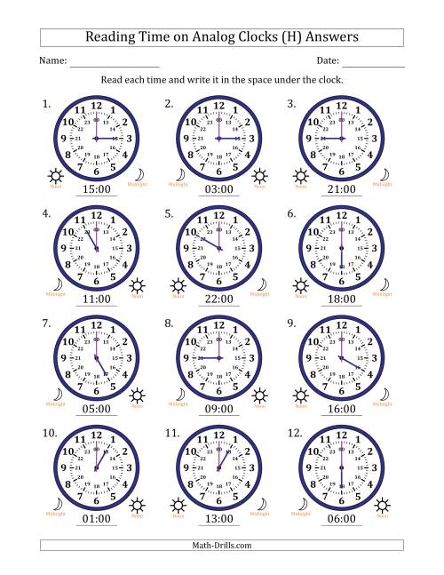 The Reading 24 Hour Time on Analog Clocks in One Hour Intervals (12 Clocks) (H) Math Worksheet Page 2