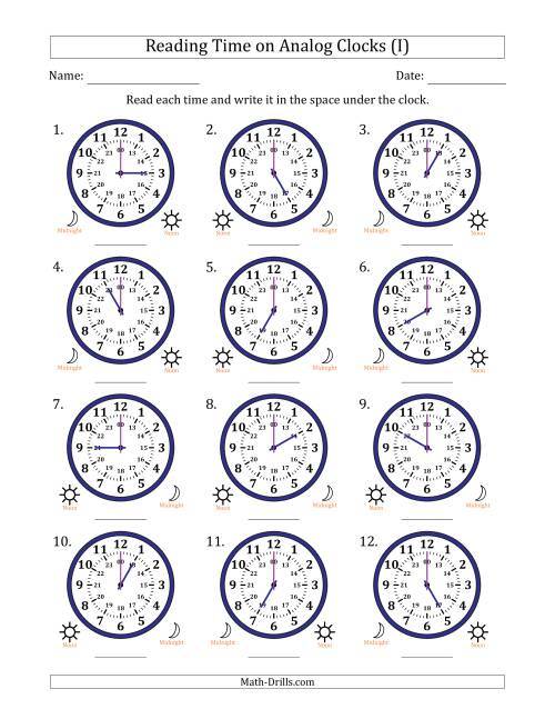 The Reading 24 Hour Time on Analog Clocks in One Hour Intervals (12 Clocks) (I) Math Worksheet
