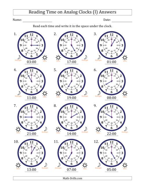 The Reading 24 Hour Time on Analog Clocks in One Hour Intervals (12 Clocks) (I) Math Worksheet Page 2