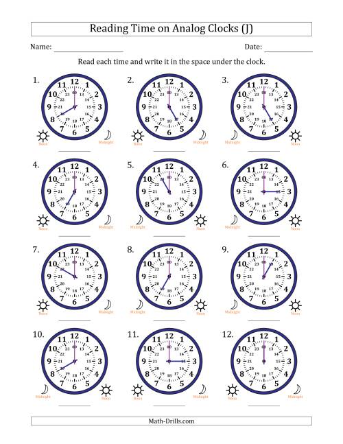 The Reading 24 Hour Time on Analog Clocks in One Hour Intervals (12 Clocks) (J) Math Worksheet