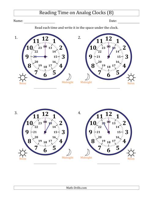 The Reading 24 Hour Time on Analog Clocks in One Hour Intervals (4 Large Clocks) (B) Math Worksheet