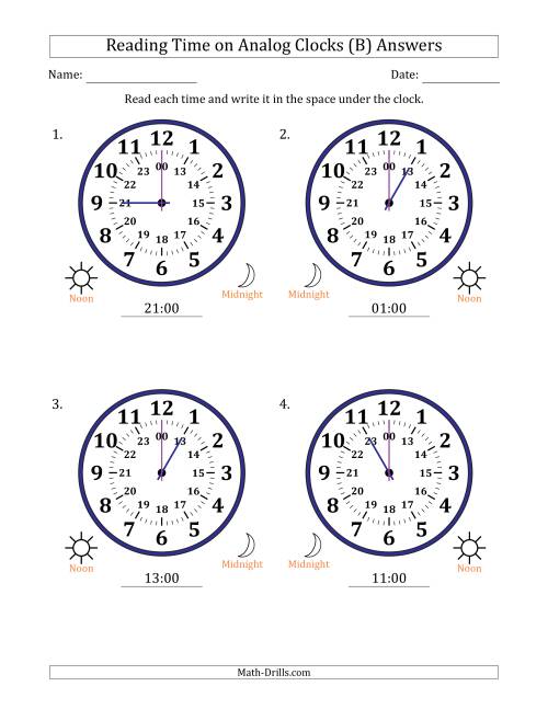 The Reading 24 Hour Time on Analog Clocks in One Hour Intervals (4 Large Clocks) (B) Math Worksheet Page 2
