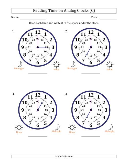 The Reading 24 Hour Time on Analog Clocks in One Hour Intervals (4 Large Clocks) (C) Math Worksheet