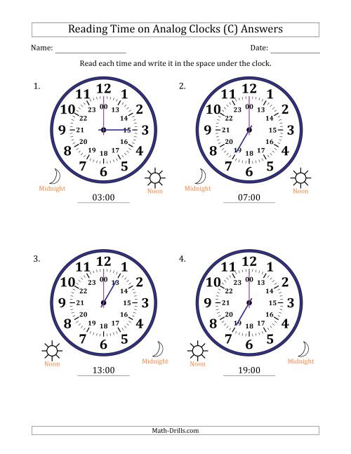 The Reading 24 Hour Time on Analog Clocks in One Hour Intervals (4 Large Clocks) (C) Math Worksheet Page 2