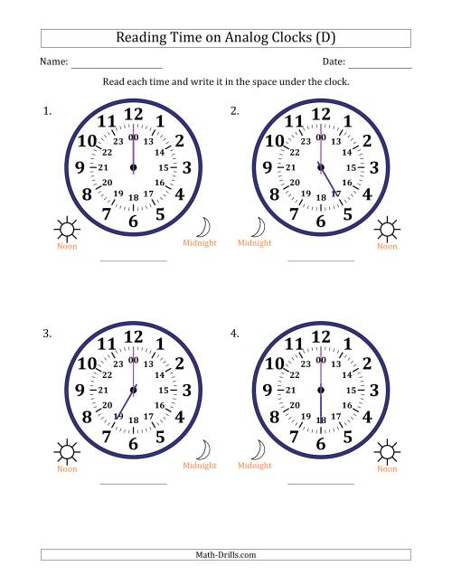The Reading 24 Hour Time on Analog Clocks in One Hour Intervals (4 Large Clocks) (D) Math Worksheet
